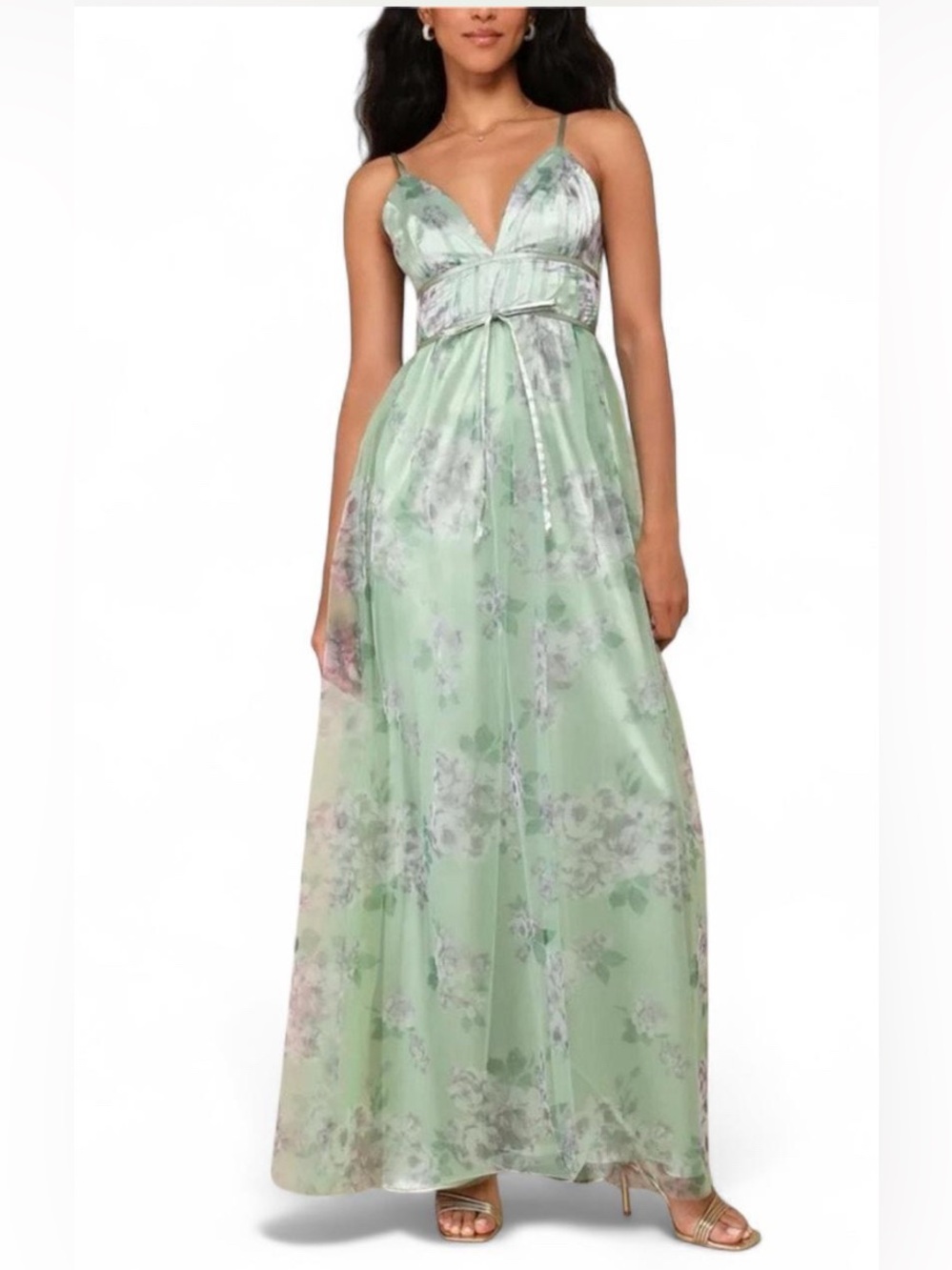 Lulus NWT Delightful Invitation Green Floral Tulle Sleeveless Maxi Dress